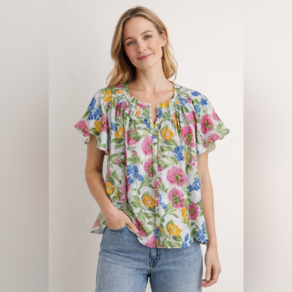 ROSE + OLIVE Floral Short Sleeve Smock Detail Blouse Size 3X
